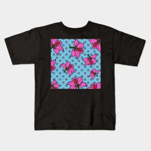 Bauhinia Flower with Turquoise Tile Floor Pattern - Summer Flower Pattern Kids T-Shirt